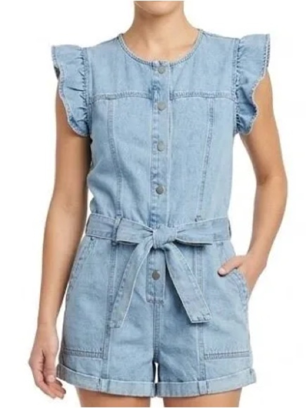 Light Blue Denim Tie-Waist Romper